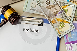 Legal probate statement. Money and lawyer attributes at the desk.