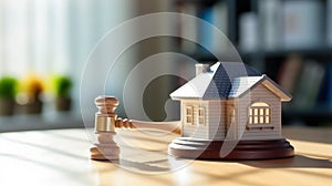 Legal Proceedings in Housing Judge\'s Gavel and Miniature Model House - Generative AI