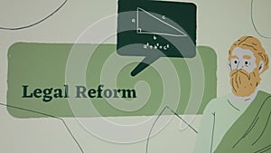 Legal Reform inscription on green background. Graphic presentation with an illustrated thinking man in robe. Legal