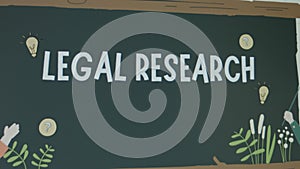 Legal Research inscription on green chalkboard background. Graphic presentation of teaching process, drawing. Legal