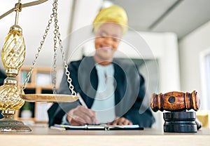 Legal, scale and woman judge writing for an investigation document or criminal case in a law firm. Court hammer
