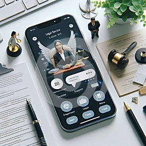 Legal services app interface with legal documents, chat suppot