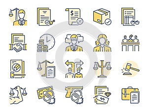 Legal services filled color line icon set. Included icons as law, lawyer, judge, court, advocacy and more.