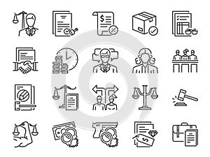 Legal services icon set. Included icons as law, lawyer, judge, court, advocacy and more.