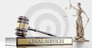 Legal Services: Judge's Gavel as a symbol of legal system and wooden stand with text word