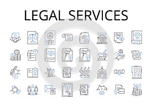 Legal services line icons collection. Legal aid, Counsel, Advocacy, Representation, Assistance, Advice, Consultation