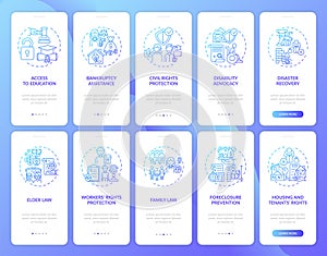 Legal services onboarding mobile app page screen with concepts