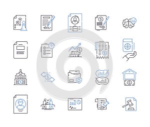 Legal services outline icons collection. Lawyer, Attorney, Barrister, Litigation, Court, Solicitors, Representation