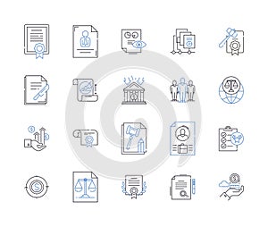 Legal services outline icons collection. Lawyer, Attorney, Barrister, Litigation, Court, Solicitors, Representation