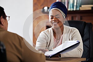 Legal, signature or contract with black woman with senior planning on documents for insurance, loan or agreement. Lawyer