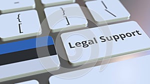 Legal Support text and flag of Estonia on the computer keyboard. Online legal service related 3D animation