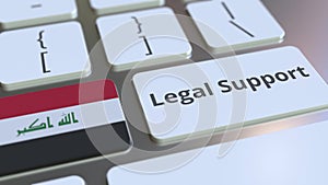 Legal Support text and flag of Iraq on the computer keyboard. Online legal service related 3D animation