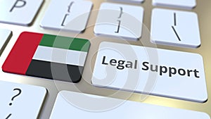 Legal Support text and flag of the United Arab Emirates on the computer keyboard. Online legal service related 3D