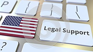 Legal Support text and flag of the USA on the computer keyboard. Online legal service related 3D rendering