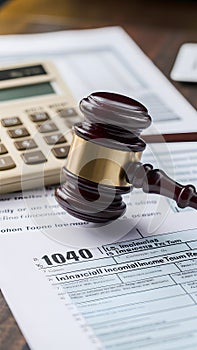 Legal symbol gavel on tax form with calculator signifies financial implication and obligations.