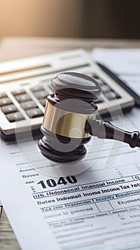 Legal symbol gavel on tax form with calculator signifies financial implication and obligations. photo
