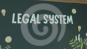 Legal System inscription on chalkboard background. Graphic presentation of drawn teacher and student standing at