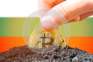 Legalization of bitcoin in Bulgaria. Planting bitcoin in the ground on the background of the flag of Bulgaria. Bulgaria