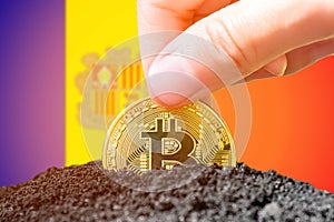 Legalization of bitcoins in Andor. Planting a Bitcoin in the ground against the background of the Andoran flag. Andora -