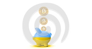 Legalization of cryptocurrencies in Ukraine, Bitcoin and Ukraine flag. Bitcoin in Ukraine Piggy Bank and Falling Bitcoin Coins