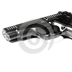 The legalization of weapons. Black traumatic gun on a white background photo