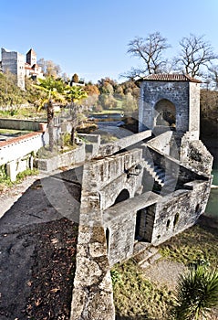 Legend Bridge details in Sauveterre-de-Bearn medieval village