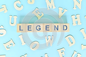 Legend narrative form in english literature concept. Wooden blocks typography word flat lay