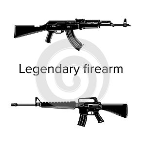 Legendary assault rifles vector illustration. Classic armament . Automatic tactical carbines