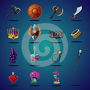 Legendary asset. Set of magic items and resource for computer fantasy game. cartoon icons set.