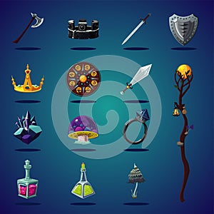 Legendary asset. Set of magic items and resource for computer fantasy game. Isolated cartoon icons set.