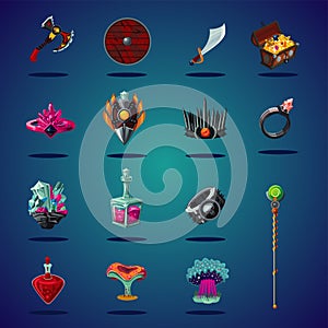 Legendary asset. Set of magic items and resource for computer fantasy game. Isolated cartoon icons set.