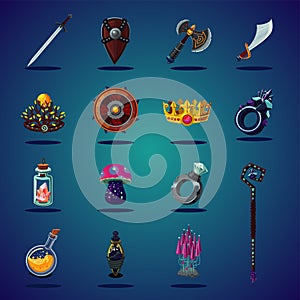 Legendary asset. Set of magic items and resource for computer fantasy game. Isolated cartoon icons set.