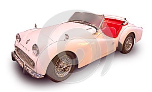 Legendary British classic car 1960s Triumph TR3A. White background. Back view