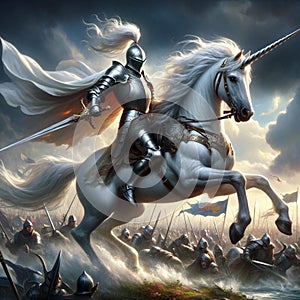 Legendary Charge: Knight in Armor Riding Unicorn into Battle