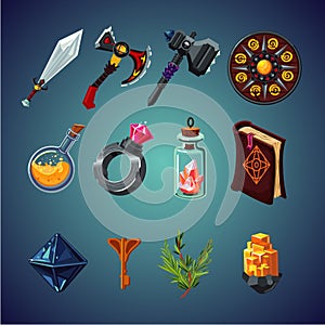 Set of magic items for computer fantasy game. cartoon icons set.