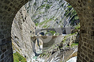 Legendary Devil`s Bridge built by devil himself over Schollenen Gorge in Andermatt