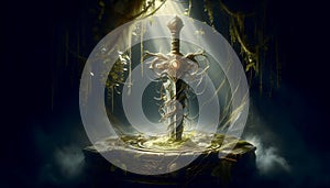 an ancient mystical blade embedded in a stone altar