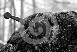 legendary Excalibur sword into the stone in the middle of the forest