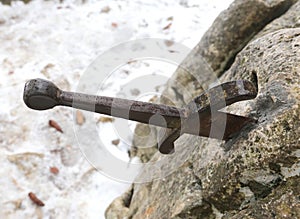 legendary Excalibur sword into the stone in the middle of the forest