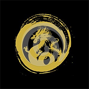 Legendary golden dragon in brush paint japan art style for logo vector and illustration