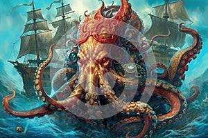 Legendary octopus pirate captain, with its tentacles adorned in intricate tattoos, commands a crew of loyal marine illustration