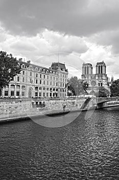 Legendary Paris cathedral Notre Dame. Beautiful Parisian achitecture. Magnificent landmark after destructive fire.