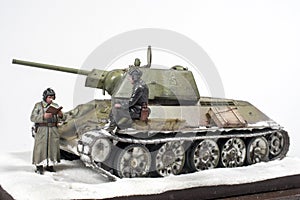 The legendary Soviet tank T-34 76 in the war in world war II. Diorama of winter view with crew in 1942.