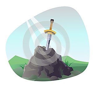 Legendary sword in stone. Excalibur with sun ray photo