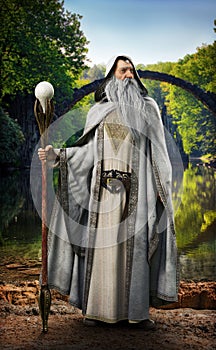 A legendary white wizard posing in front of mythical enchanted setting.