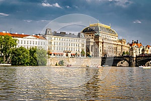 Legion Bridge over Vltava river in Prague with the National Teather in the back