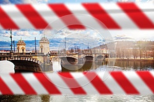 Legion Bridge in Prague Czech Republic with warning tape. Closed Prague landmarks