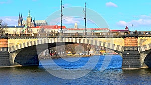 Legion Bridge on Vltava River and St Vitus Cathedral, Prague, Czechia