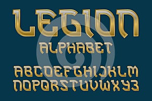 Legion golden alphabet. Gaming stylized font. Isolated english alphabet