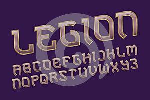 Legion pink golden alphabet. Gaming stylized font. Isolated english alphabet